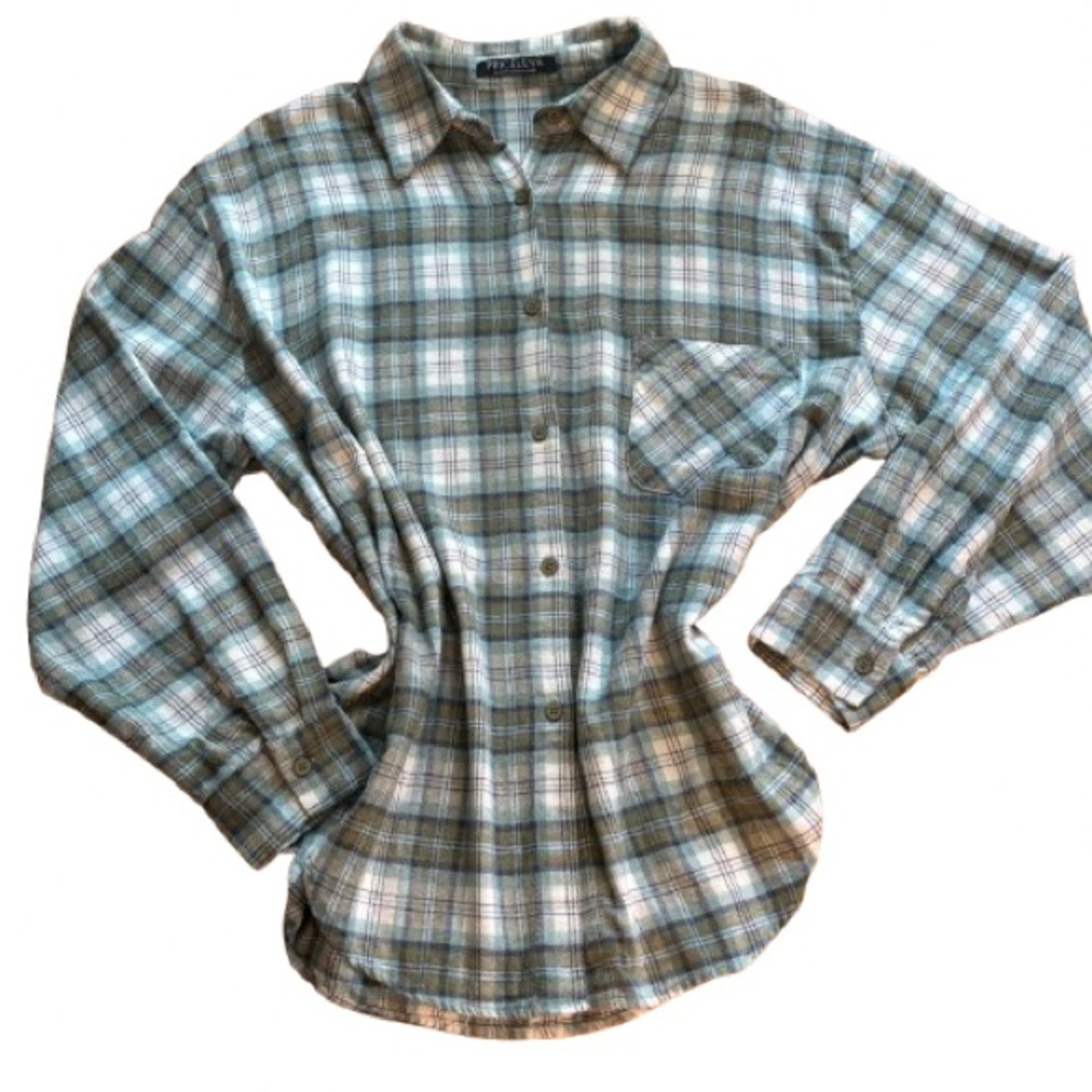 NWOT Boutique Priceless Green Blue Flannel Button-Down Shirt Size M
